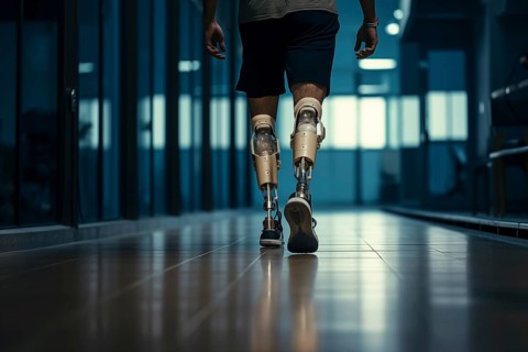 Amputee sportsman walking in corridor with bionic prosthetic legs prosthesis with robotic