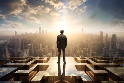 Man in a suit standing on a rooftop with a view of the city skyline at sunrise with clouds and