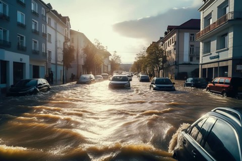 Climate change disaster flood catastrophe concept background, cars in flooded street of European