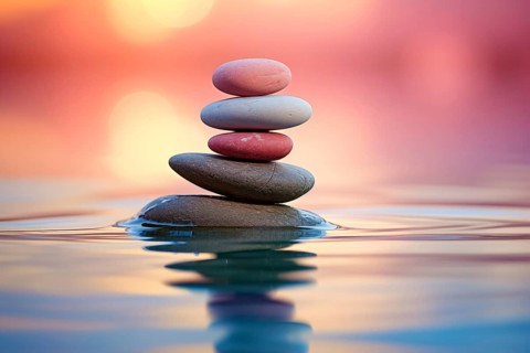Stack of zen stones on water with a nature background. The image conveys a sense of balance,
