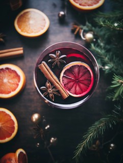 Glass of traditional mulled wine with orange and cranberry garnishes on a cozy Christmas table. The