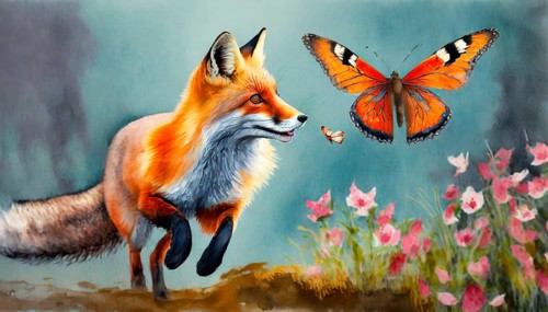 A red fox playfully chases a butterfly, AI generated