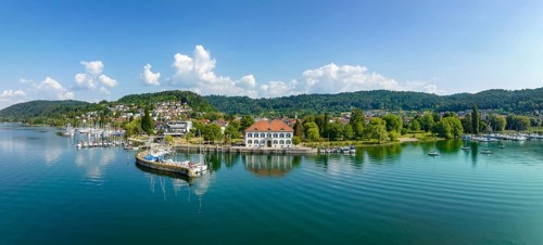 Aerial panorama of Lake Constance with the municipality of Bodman-Ludwigshafen with the marina and