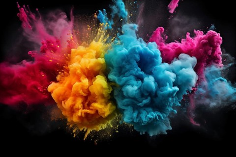 Holi background, vibrant and colorful powder smoke explosion on black background, AI generated