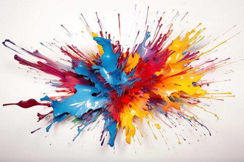Abstract background of vibrant colorful paint splashes on black background, AI generated