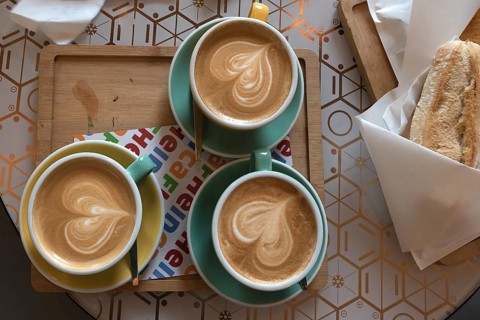 Three cappuccinos with heart in milk foam, Genoa, Italy, Europe