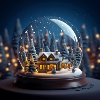 Winter Wonderland with house and trees in Glass Ball Snow Globe on table and blurred bokeh