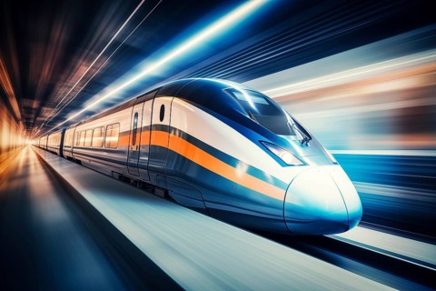 Modern high speed train in a futuristic train station. Modern transportation technology, speed,