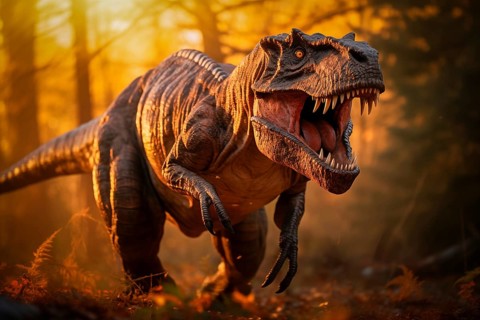 Tyrannosaur rex roaring in a prehistoric forest with lush vegetation, ferns and sunlight, AI
