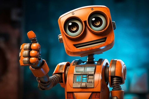 Orange robot showing a thumbs up gesture. The friendly robot has big round eyes and a friendly