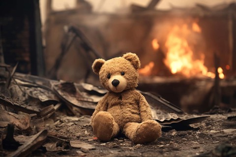 A poignant concept image depicting the tragic impact of war on children. A sad teddy bear toy sits