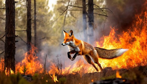 Climate change, global warming, environmental catastrophe, a red fox flees from a forest fire in