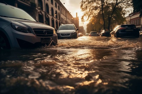 Climate change disaster flood catastrophe concept background, cars in flooded street of European
