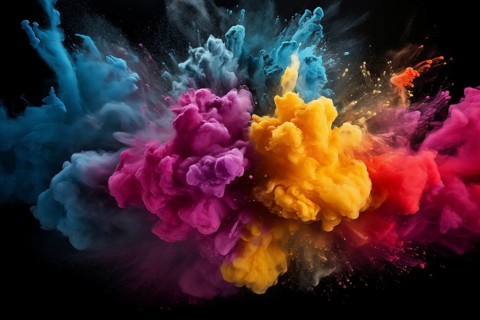 Holi background, vibrant and colorful powder smoke explosion on black background, AI generated