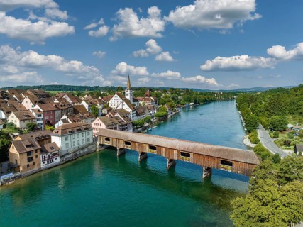 Aerial view of Diessenhofen with the historic wooden bridge over the Rhine, Canton Thurgau,