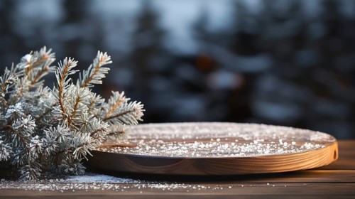 Christmas themed decorative empty wooden base for product item or text display, AI generated