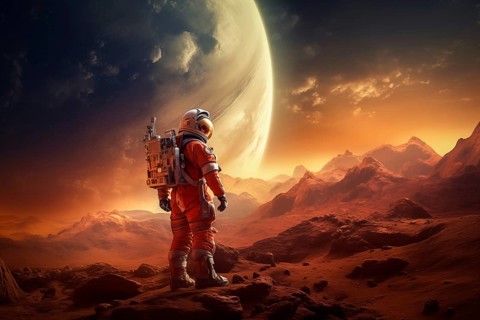 Future space travel mission to Mars, Astronaut in an orange suit walking on the surface of Mars