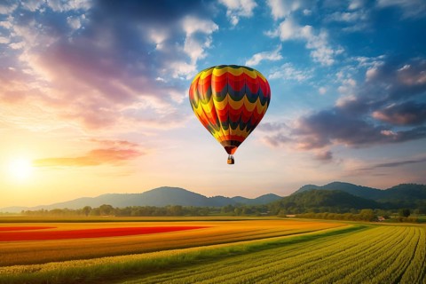 A colorful hot air balloon floats in sky over a blooming field meadow of flowers landscape at