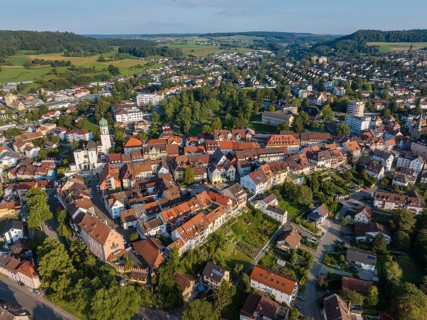 Aerial view of the town of Stockach with the church of St. Oswald in the upper town, historic town