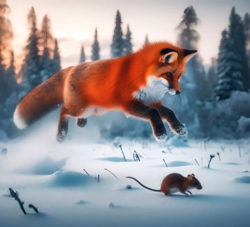 A red fox in winter fur jumping in pursuit of a mouse in the snow in a winter landscape, AI