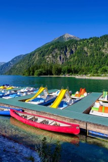 Bathing beach with boat hire, near Achenkirch, Achensee, Tyrol, Austria, Europe