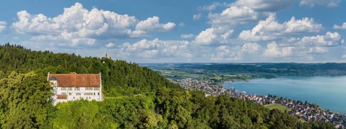 Aerial panorama of Lake Constance with Frauenberg Castle, also known as Frauenberg Castle, behind
