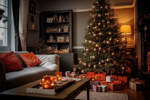 A cozy interior living room decorated for Christmas with a Christmas tree with presents gift boxes.