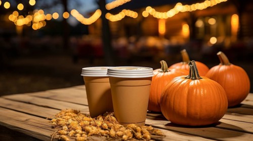 Cups of hot apple cider, hot chocolate or coffee at an outdoor fall decorated party, AI generated