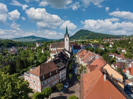 Aerial view of the old town of Engen, on the horizon the Hegauberge Hohenhewen and Hohenstoffeln,