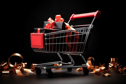 A black Friday Sale concept, black present boxes with red ribbons in shopping cart on a black