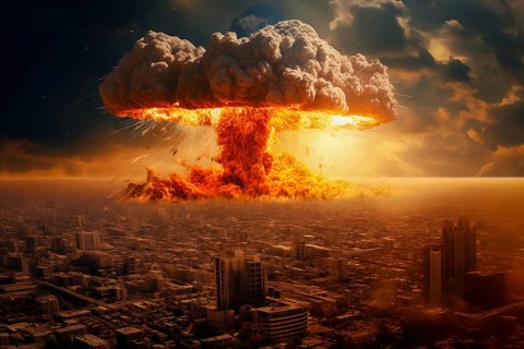 Nuclear blast and mushroom cloud in a city skyline. The explosion is destroying buildings and