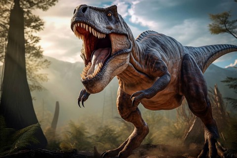 Tyrannosaur rex roaring in a prehistoric forest with lush vegetation, ferns and sunlight, AI