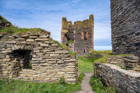 Girnigoe and Sinclair Castle, Rock Castle on the North Sea Coast, Wick, County Caithness, Scotland,