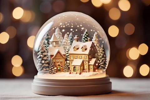 Winter Wonderland with house and trees in Glass Ball Snow Globe on table and blurred bokeh