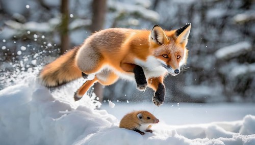 A red fox in winter fur jumping in pursuit of a mouse in the snow in a winter landscape, AI