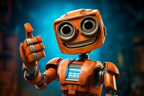 Orange robot showing a thumbs up gesture. The friendly robot has big round eyes and a friendly