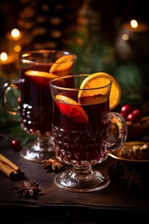 Two glasses of traditional mulled wine with orange and cranberry garnishes on a cozy Christmas