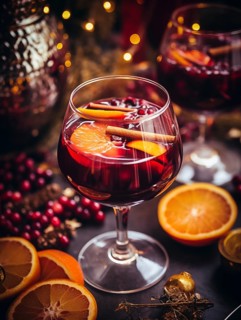 Glass of traditional mulled wine with orange and cranberry garnishes on a cozy Christmas table. The