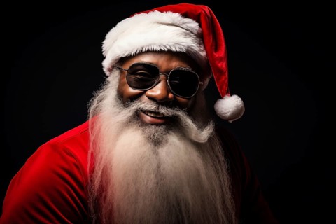 Modern black Santa Claus in Santa hat with sunglasses and long white beard, smiling while looking