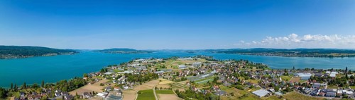 Aerial panorama of the western part of the island of Reichenau, on the horizon from the left the