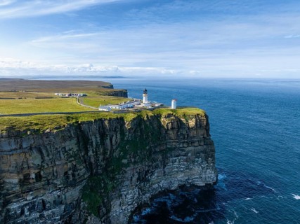 Aerial view of Dunnet Head with the lighthouse, the northernmost point of the British main island,