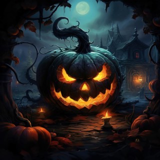 Halloween concept, Halloween jack-o-lantern with glowing eyes, and spooky haunted house at night