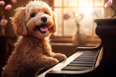 Cute puppy dog musical prodigy playing piano backlit from window, AI generated