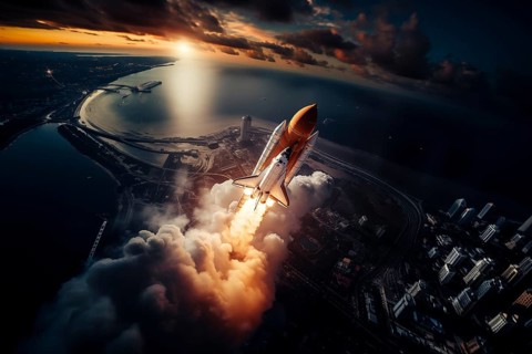 Aerial view of a rocket shuttle carrier launch at sunrise over an ocean coast. The rocket is
