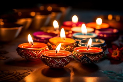 Diwali indian festival of lights background, burning diya lamps on a decorated table close up, AI