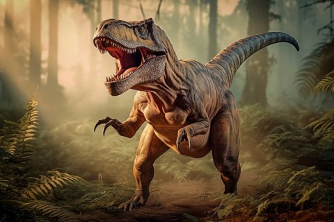 Tyrannosaur rex roaring in a prehistoric forest with lush vegetation, ferns and sunlight, AI