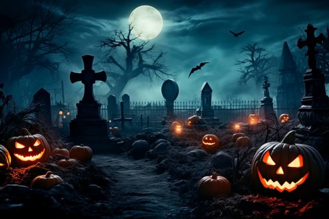 Halloween concept, spooky graveyard at night under full moon with Halloween jack-o-lantern pumpkins
