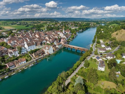 Aerial view of Diessenhofen with the historic wooden bridge over the Rhine, Canton Thurgau,
