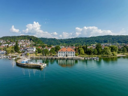 Aerial view of Lake Constance with the municipality of Bodman-Ludwigshafen with the marina and old