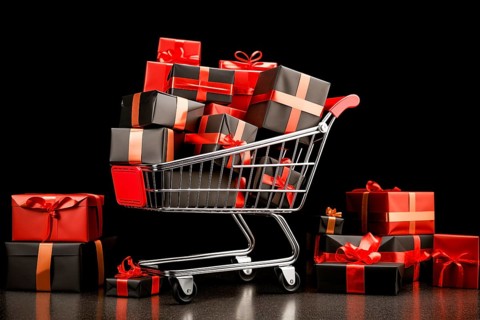 A black Friday Sale concept, black present boxes with red ribbons in shopping cart on a black